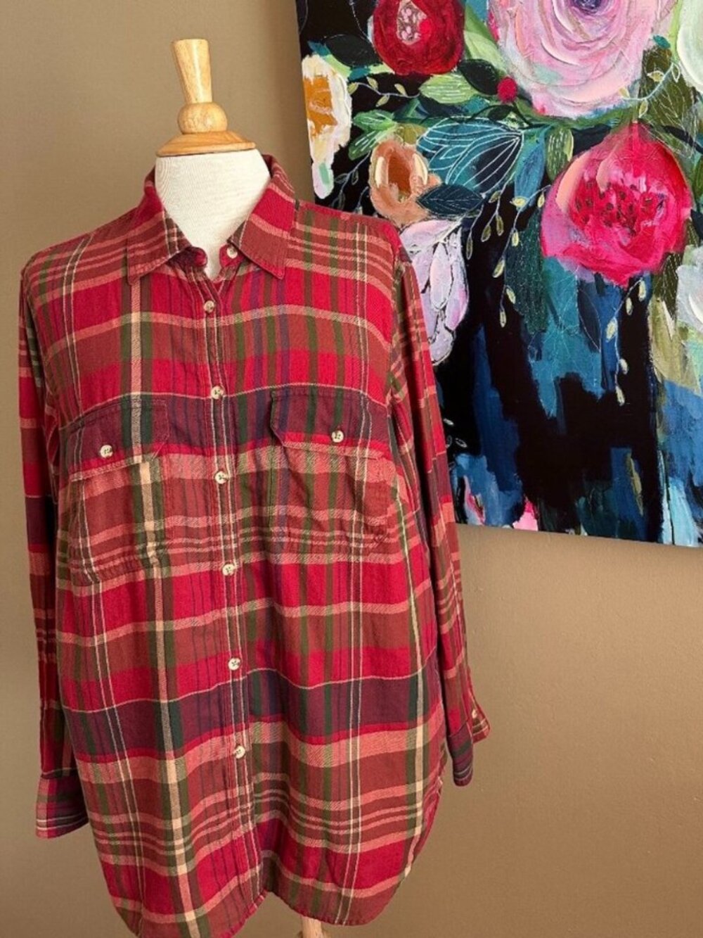 Red Plaid Flannel Shirt Women’s Button Down Oversized Cozy Fall Layering Top